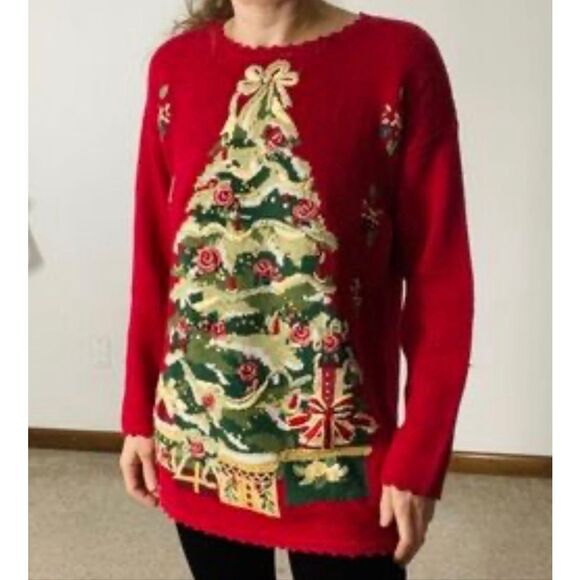 Vintage Tiara International Knitted Holiday Christmas Tree Red Women's Sweater L - Picture 1 of 10